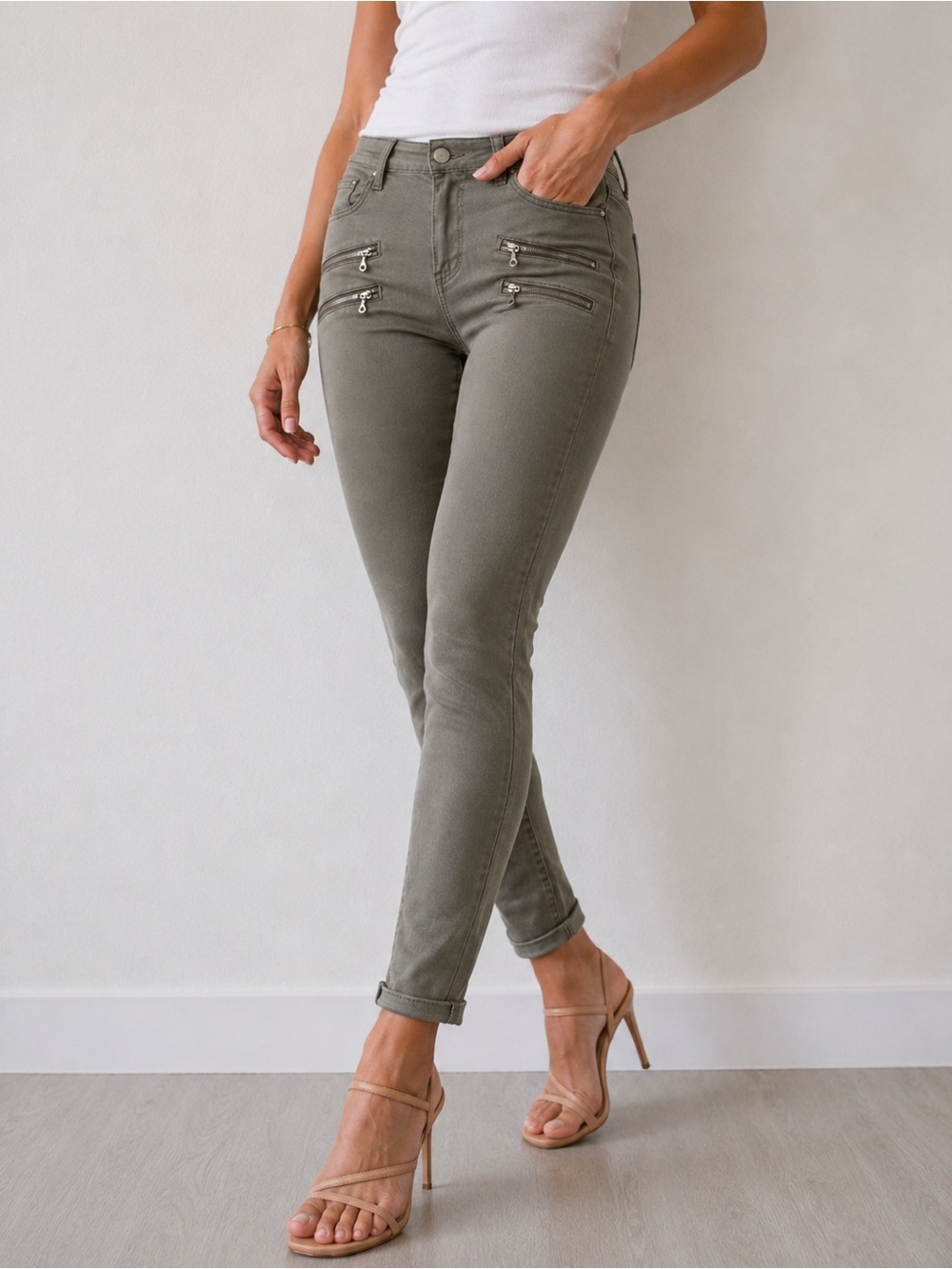 PAIGE Moto Skinny Women’s Jeans 26 Olive Green Zip Mid Rise